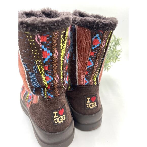 UGG Lacy Boot Nordic Fair Isle Blanket Woven Fabric Faux Fur Warm Sz 7 limited - Picture 4 of 12
